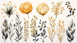 Coleção de elementos de moldura de casamento de ouro botânico de luxo. Conjunto de círculo, brilhos, galhos de folhas, flores