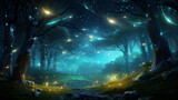 Fototapeta  - Campo de vaga-lume mágico à noite. Relâmpagos em uma paisagem encantada. papel de parede brilhante abstrato
