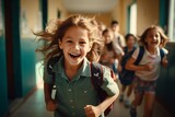 Fototapeta  - cheerful children run along the corridors of the school. back to school generative ai.