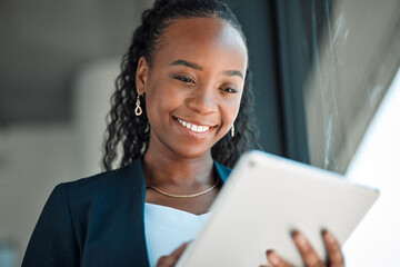 Poster - Happy, lawyer and black woman with tablet in office for legal research, web app and online social media. African attorney, technology and professional reading business email, networking or internet.