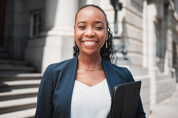 Wall Mural - Happy black woman, lawyer and portrait smile in confidence for career ambition in the city. Face of African female person or business attorney in happiness or pride for job opportunity in urban town