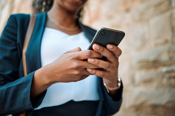 Poster - Hands, smartphone and woman typing, social media search and closeup with chat online, communication and technology. Internet connection, text message or email, female person and using phone with app