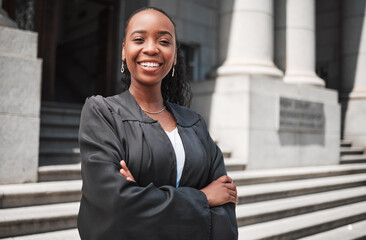 Arms crossed, black woman or portrait lawyer with confidence, empowerment or justice outside court. Happy, empowerment or proud African attorney with leadership, ideas or vision for legal agency