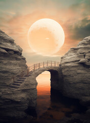 Wall Mural - generative ai: fantasy landscape with wooden bridge to the sky amd big moon