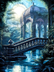 Wall Mural - generative ai: fantasy landscape with wooden bridge to the sky amd big moon