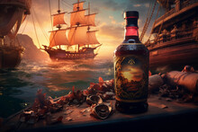 Bottle Of Rum Or Whiskey On A Beach With A Pirate Ship On The Background