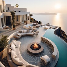 A Professional Shot Of A Luxury And Modern Mansion In Greece Near The Sea. Generative AI.