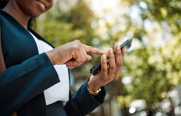 Poster - Reading, hand and a black woman with phone in city for communication, social media and an email. Smile, contact and an African employee with a search, chat or notification on a mobile app with mockup