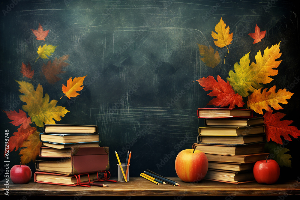 Autumn leaves and dark chalkboard background. Back to school concept ...