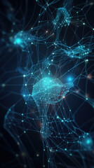 Abstract neural network of glowing blue particles and lines on dark backdrop. Digital background with grid surface. Generative AI