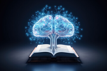brain with blue neon light and open book. 3d abstract illustration shows how books enrich the mind f