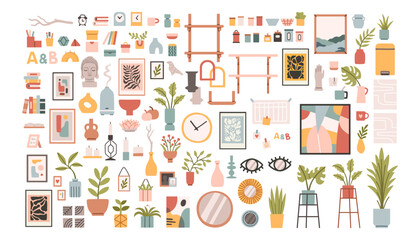 home decor set for scandinavian interior design. house plants, candles, shelves, vases for cozy tren