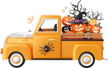 Halloween Truck With Jack O Lantern Pumpkin, Halloween Theme Elements 3d Illustration