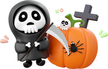 Cute Ghost With Pumpkin, Halloween Theme Elements 3d Illustration