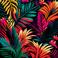 Wall Mural - Seamless pattern with tropical leaves on black background. Vector illustration.