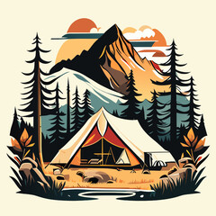 Camping in the mountains. Vector illustration in retro style. Vintage style.