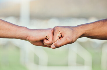 Poster - Soccer, fist bump and hands for teamwork, support and sports for training at stadium outdoor. Collaboration, together and football players with motivation for exercise target, workout goal or success