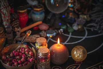 Magical scene, esoteric and wicca concept, fortune telling, witch stuff on a table	