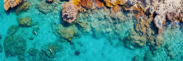 Wall Mural - Bird's eye view of a coral reef, crystal clear turquoise waters, a school of colorful fish visible, sunny day