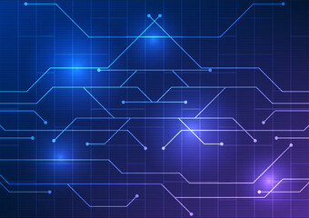 Poster - abstract technology background. chaotically stacked circuit board lines with horizontal stripes over