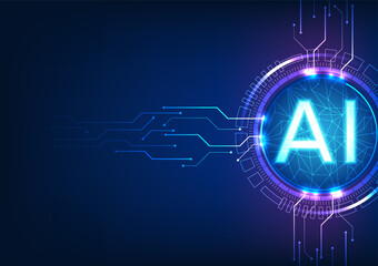 Fototapete - Connection of artificial intelligence technology. Featuring the AI letter within a technology circle and a circuit linking to it, it represents the synergy between AI and interconnected technology