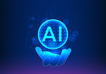 Poster - Hand reaching towards an inner ball, accompanied by AI. Artificial intelligence technology assists humans to search and discover answers, revolutionizing the quest for knowledge and insights.