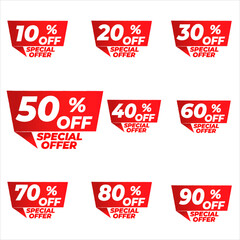 Discount price tag, Price 10 20 30 40 50 60 70 80 90 percent, Red and white Special offer promotion sticker badge set for shopping marketing, advertisement clearance, element, Vector illustration