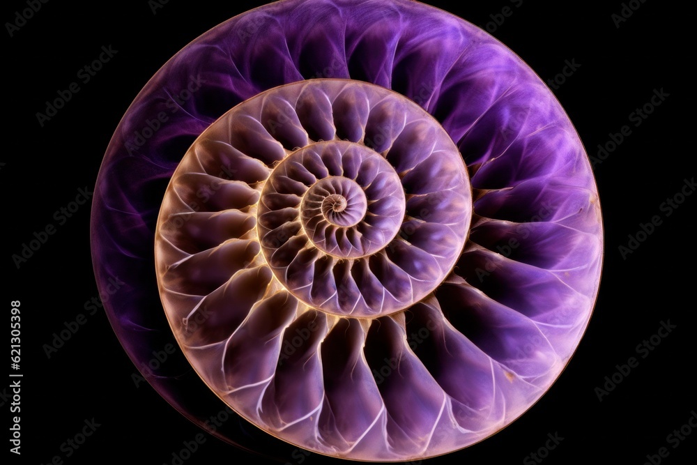 Purple Sea spiral shell isolated on a black background. Clipping Path. fibonacci pattern on shell viewed spiral from front. Nautilus seashell