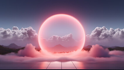 Wall Mural - Illuminated circle over pink clouds, in the style of neon and fluorescent light. AI Generated