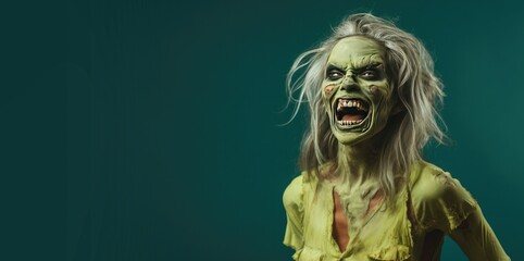 Adult Woman Dressed as a Zombie for Halloween on a Green Banner with Space for Copy