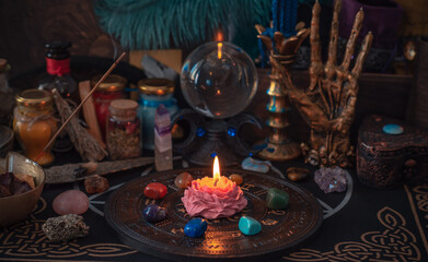 Magical scene, esoteric and wicca concept, fortune telling, witch stuff on a table	