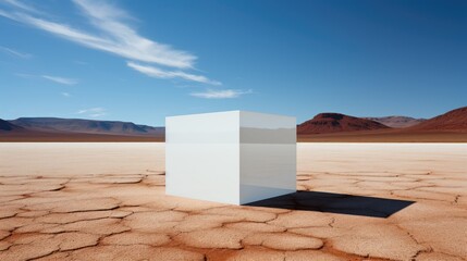 Minimalist shot, single white cube standing in a desert. Generative AI