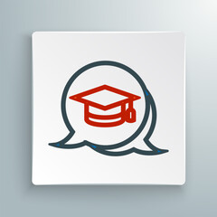 Wall Mural - Line Graduation cap in speech bubble icon isolated on white background. Graduation hat with tassel icon. Colorful outline concept. Vector