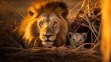 Male Lion Relaxing With A Lion Cub - Generative AI