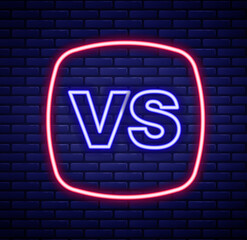 Sticker - Glowing neon line VS Versus battle icon isolated on brick wall background. Competition vs match game, martial battle vs sport. Colorful outline concept. Vector