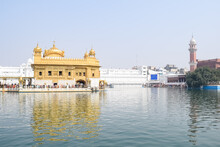 Beautiful View Of Golden Temple (Harmandir Sahib) In Amritsar, Punjab, India, Famous Indian Sikh Landmark, Golden Temple, The Main Sanctuary Of Sikhs In Amritsar, India
