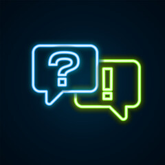 Wall Mural - Glowing neon line Speech bubbles with Question and Answer icon isolated on black background. Q and A symbol. FAQ sign. Chat speech bubble and chart. Colorful outline concept. Vector