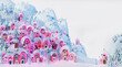 Beautiful fairy style village covered with snow and decorated for Christmas.  3D rendering illustration  