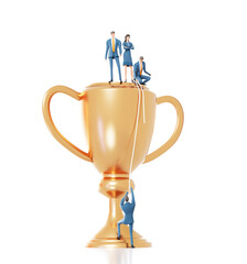 business people stay on top of big golden trophy and help other businessman climbs up. 3d rendering 