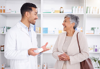 Pharmacist man, senior woman and talking with box, phone or funny in store for prescription, health or help. Young pharmacy manager, elderly patient and comic chat for care with customer experience