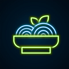 Sticker - Glowing neon line Pasta spaghetti icon isolated on black background. Italian restaurant. Colorful outline concept. Vector