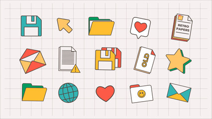 Poster - 15 Retro Old Computer Icons. Vector illustrations. Bright Color Palette.