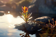 A Close-up Of A Plant On A Rock In The Water. Born Concept. Inspiring Photo Of A Small Sprout Growing By The Riverside. Realistic 3D Illustration. Generative AI
