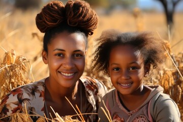 Portrait of happy African mother and daughters having fun at outdoor