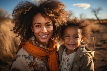 Portrait of happy African mother and daughters having fun at outdoor