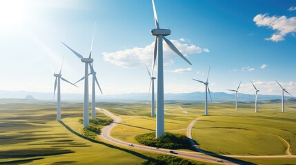 Wall Mural - Panoramic view of wind farm or wind park with high wind turbines for generation electricity, Wind Energy And Technology, Green energy concept.