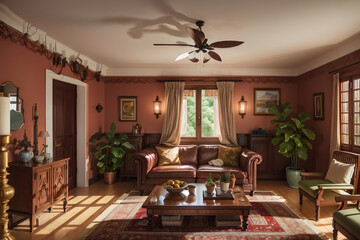 luxury hotel old room vintage interior with leather sofa wood table and a roof ceiling fan. Generative AI