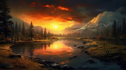 Wall Mural - Capture the Magic of Nature: A Perfect Sunset Landscape Wallpaper, sunset over the river, Generative AI