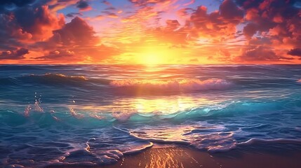 Wall Mural - dusk on the shore, radiant beauty ocean sunset: a stunning beach landscape loop animation, sunset ov