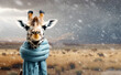 Head of a funny giraffe with a scarf on a snowy background.